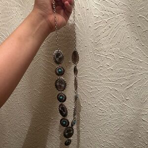 Silver Concho Necklace with Turquoise Accents - Women Jewelry